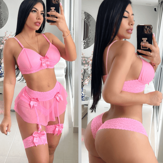Conjunto de Lencería de Encaje con Ligueros – ¡Desata Tu Lado Más Sensual! 🌹✨ - LA MISS ELEGANCE - Lenceria - chic, conjunto lenceria, hot girl, lenceria de encaje, lencería, renda, sexy